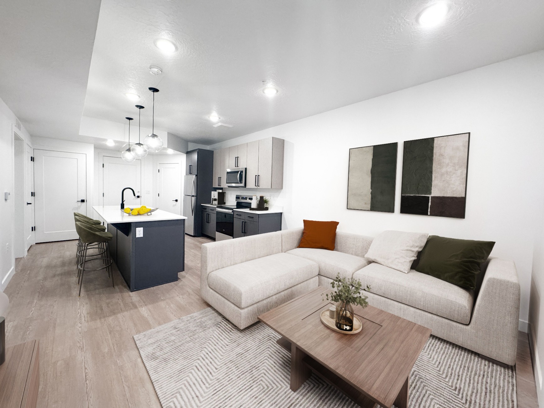 Living room and kitchen of a stylish, modern apartment