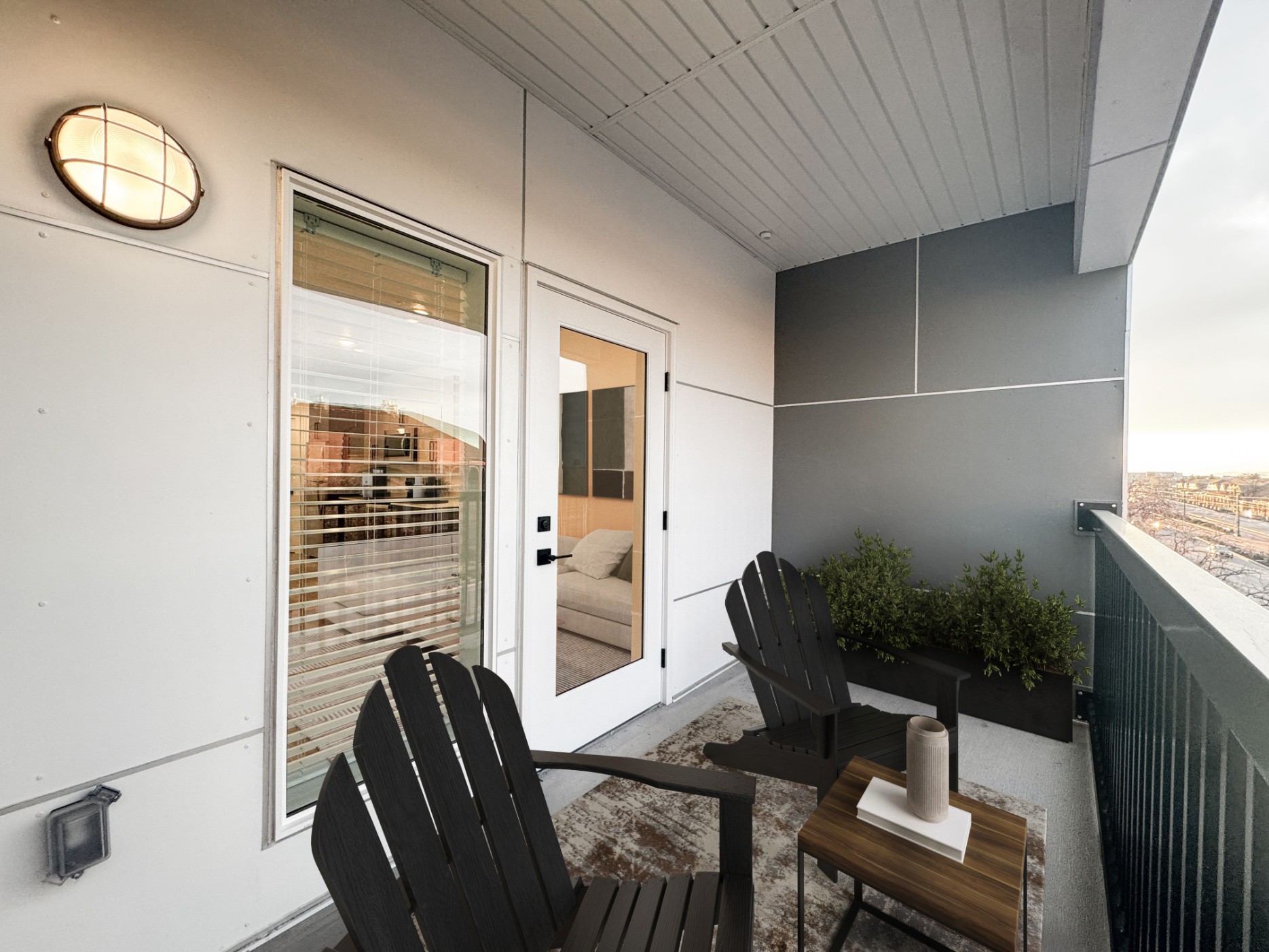 Private patio of a model apartment at Promontory Place